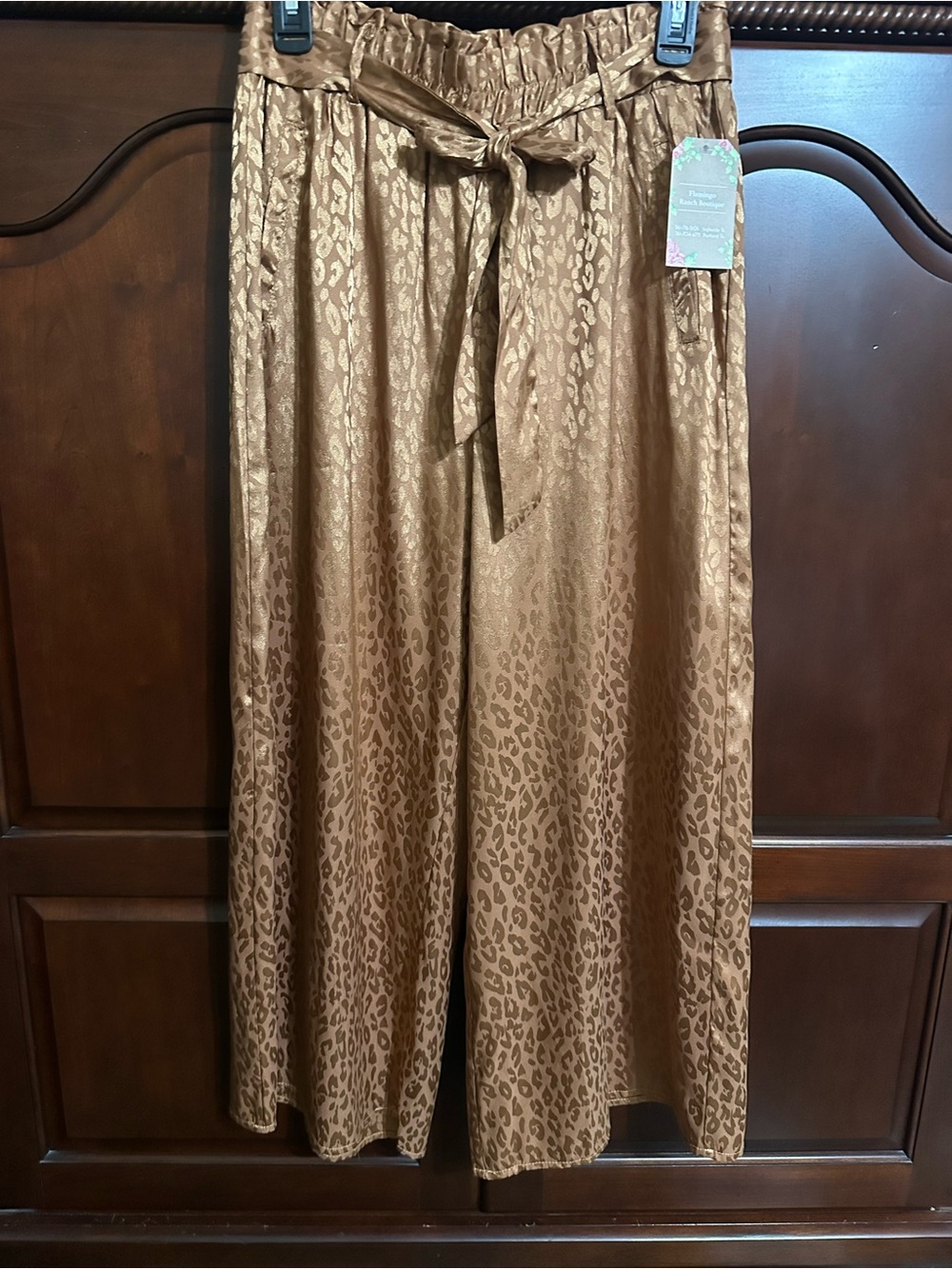 Umgee Wide Leg Satin Leopard Print Pants in Bronze